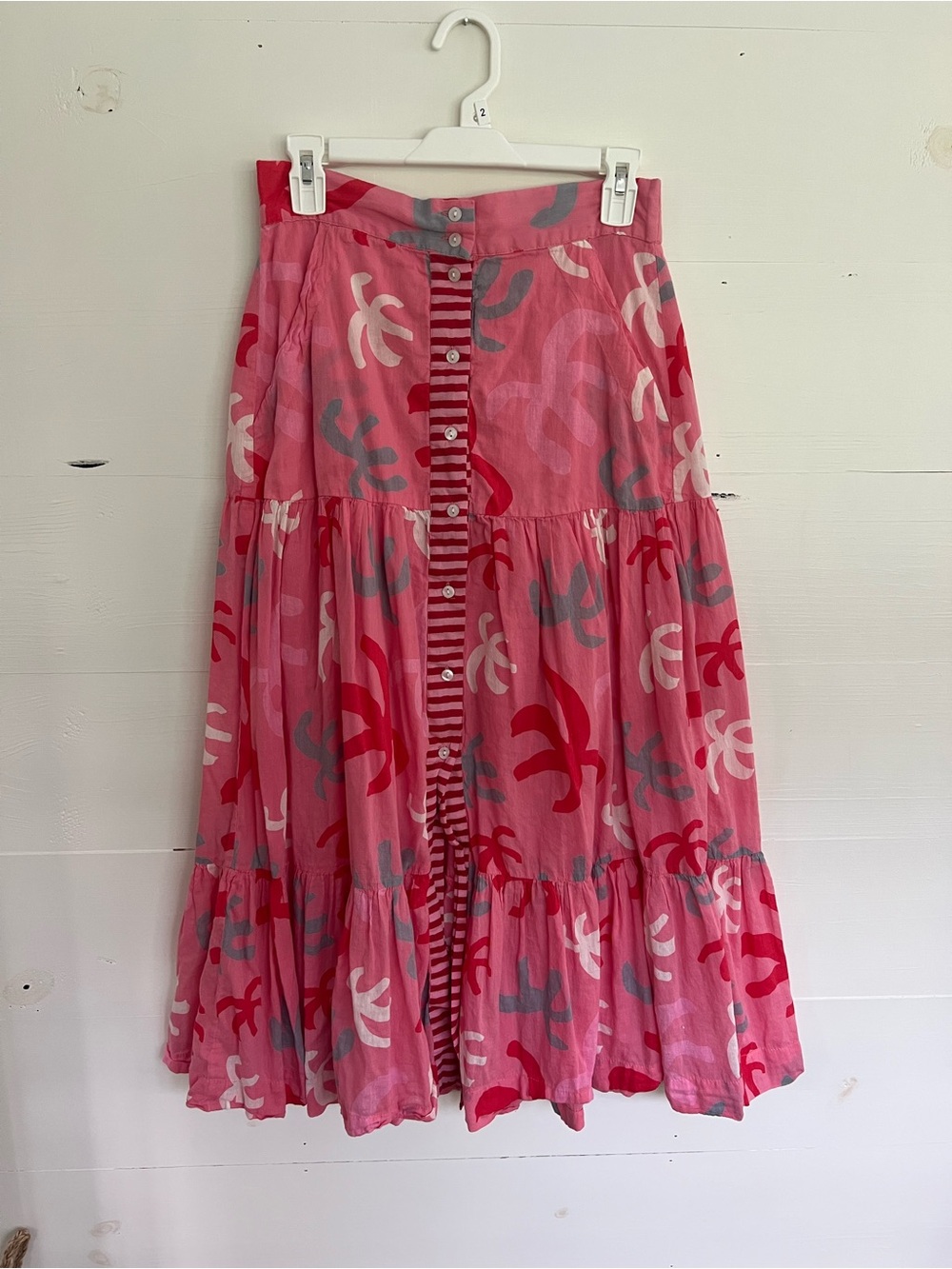 Oliphant Pink Tiered Button-Front Maxi Skirt with Abstract Print